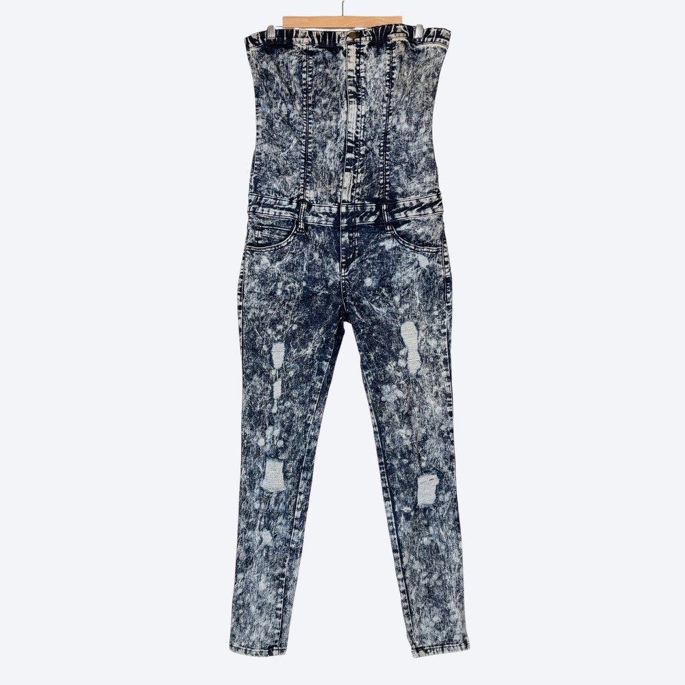 Sneak Peek Womens M Distressed Acid Wash Denim Jumpsuit Skinny Leg